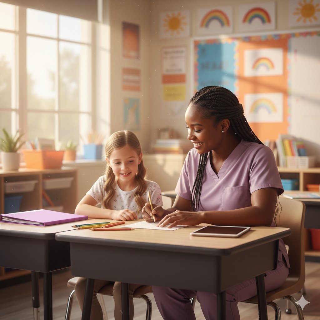 IEP aide helping student in classroom